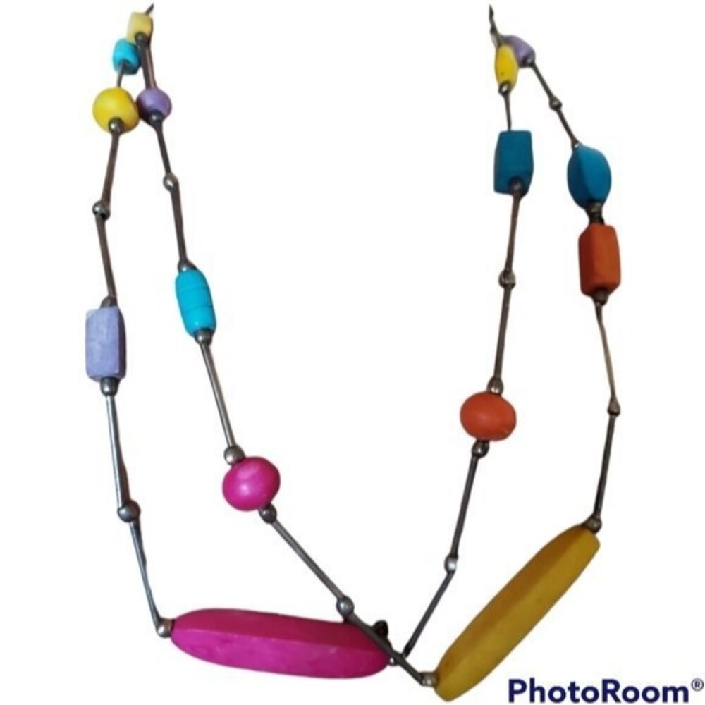 Vintage Boho Bohemian PRIDE Rainbow Wood Bead Sweater Statement Necklace